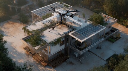 Drone rests on rooftop of a modern house with green roof and solar panels at sunset