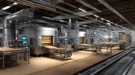 Industrial bakery production line with automated machinery and conveyor belts inside factory