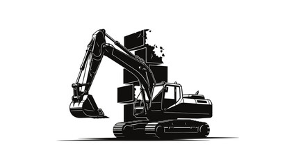 A detailed black and white illustration of an excavator breaking through a wall of blocks © Akil