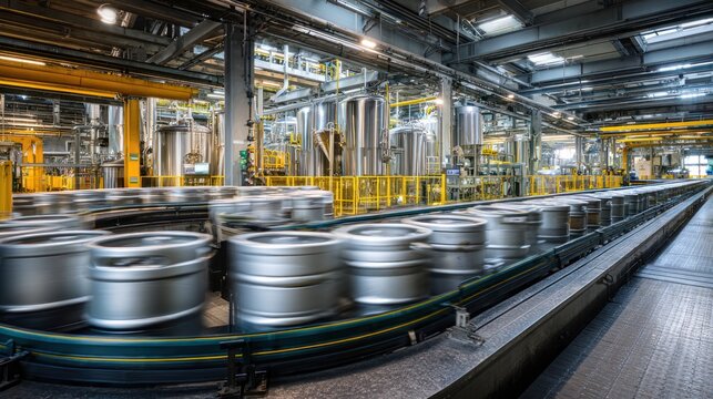 Interior view of a manufacturing plant with metal cylindrical containers moving on a conveyor belt