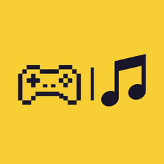 A pixelated gamepad and musical notes on a yellow background © Akil