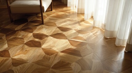 A close-up showcases light and shadow play on a geometric wood floor with a chair and drapes