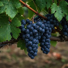Fototapeta premium Lush, dark Cabernet Sauvignon grape clusters hanging heavy on the vine in a renowned European viticultural landscape during late summer, maturity, agriculture, autumn