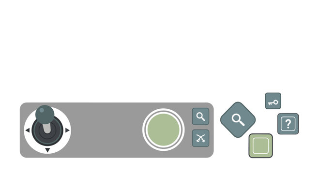 Illustration of a control panel with joystick and buttons.