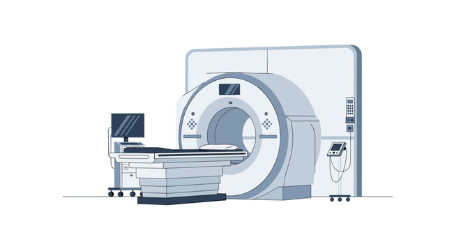 A large CT scan machine with a patient bed is positioned within a sterile medical imaging room.