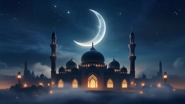 Majestic Mosque Silhouette Under a Crescent Moon and Starry Night Sky with Glowing Windows Keywords: mosque, Islamic architecture, crescent moon, stars, night sky, silhouette, glowing