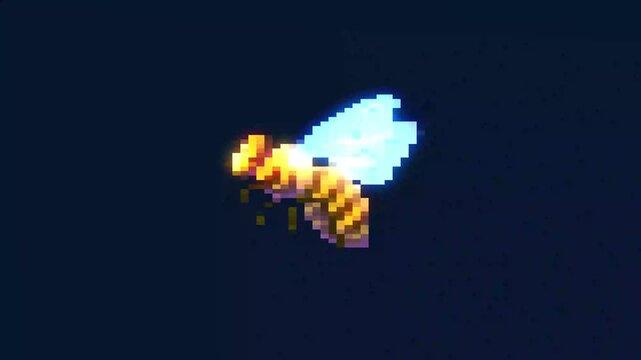 Pixel art bee with glowing wings on dark background