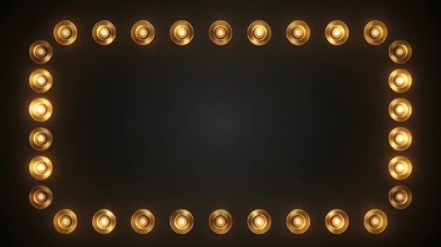 Rectangular frame of illuminated marquee lights on a dark background abstract backdrop