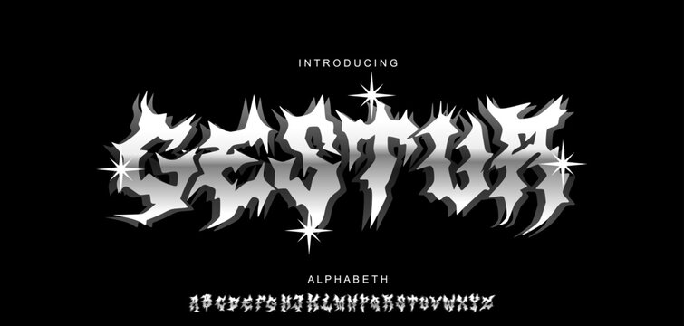 Font vector. Alphabet Y2K Chrome Metal Font - Gothic Futuristic Alphabet for Streetwear Design