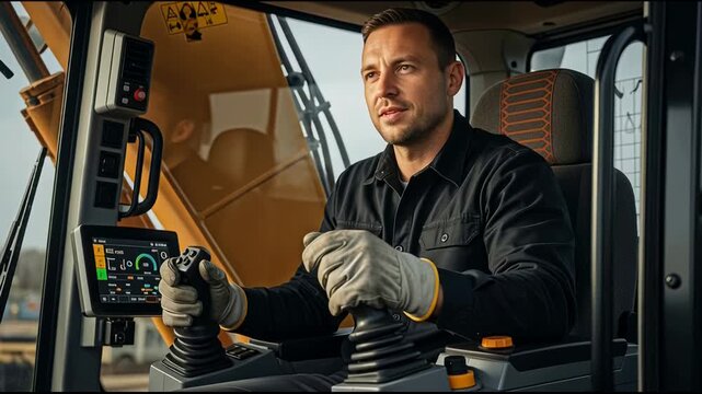Focused construction equipment operator in cabin attentively controlling machinery with joysticks showcasing modern technology and professional work environment