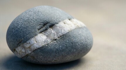Smooth river stone with distinct natural white quartz vein macro view