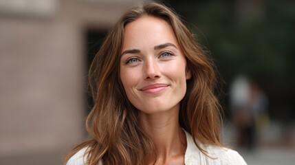 Obraz premium A woman smiling confidently into the camera, diverse background, natural and approachable, representing every woman, 8k, realistic, full ultra HD, high resolution, cinematic photography