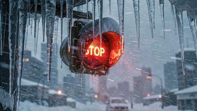 Traffic Light Glowing in Heavy Blizzard