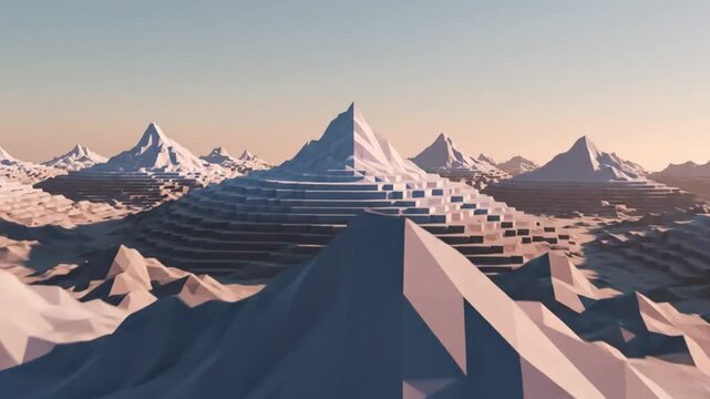 Geometric mountains rise sharply, a 3D rendered landscape of icy peaks and angular terrain, viewed from a low angle