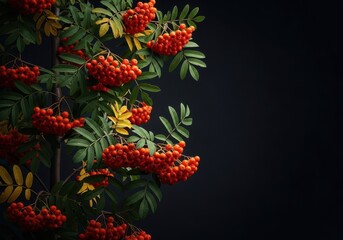 Fototapeta premium Vibrant clusters of ripe rowan berries hang heavily on the tree branches, signifying the deep arrival of the autumnal season, decorative, tree, fruit