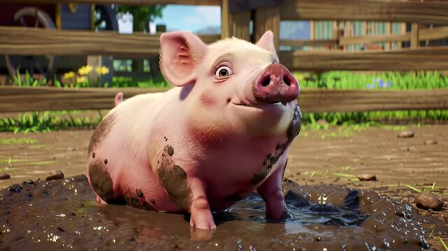 Playful piglet wallows in muddy puddle on a sunny farm day showcasing rural charm and joyful animal antics for children s content and agricultural themes