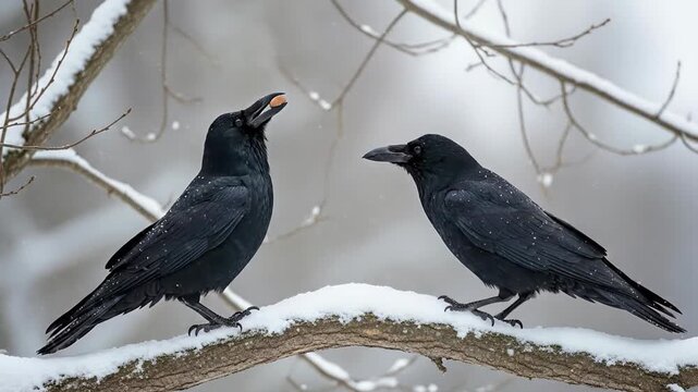 Two black birds perched on a snow covered branch in winter.