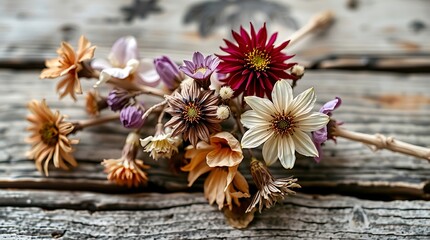 Fototapeta premium Small bouquet of colorful dried flowers resting on a rustic wooden surface.