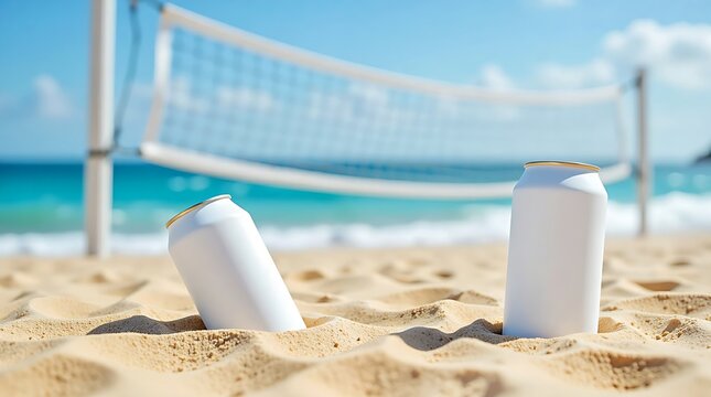 Food product photography features two blank white drink cans mockup submerged partially from the golden sandy beach against blurred white volleyball net overlooking blue ocean on blue sky