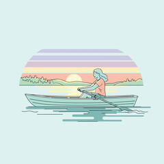 Woman Rowing Boat on Calm Water. © Kawasaki