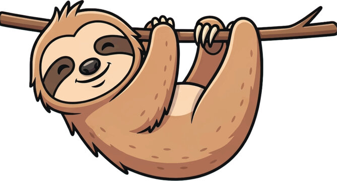 Cute cartoon sloth illustration, happily hanging upside down from a tree branch with a gentle smile. Ideal for designs conveying relaxation, nature, and adorable animal themes