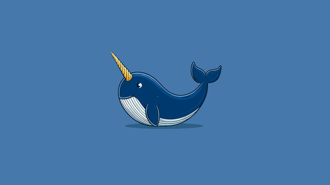 A cartoon-style illustration of a narwhal with a prominent horn on a solid blue background