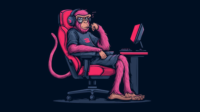 Pink primate sits in a gamer chair, wearing headphones, contemplating in front of a computer