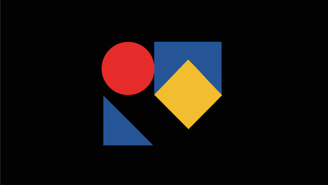 Abstract geometric composition with vibrant primary colors and simple shapes on a black background, modern graphic design.
