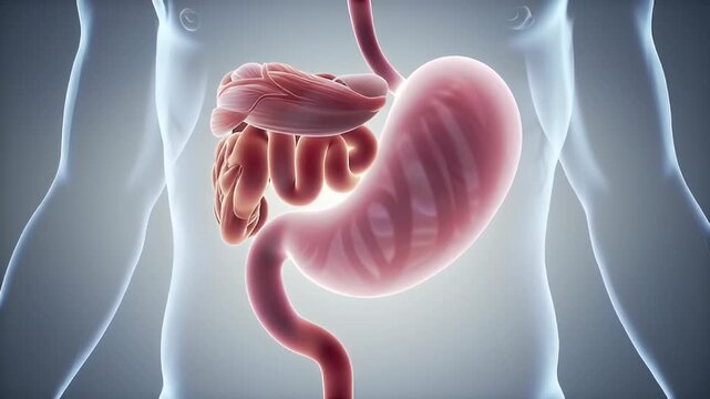 Detailed anatomical illustration of the human digestive system showcasing the stomach intestines and colon within a male torso ideal for medical education and health-related content