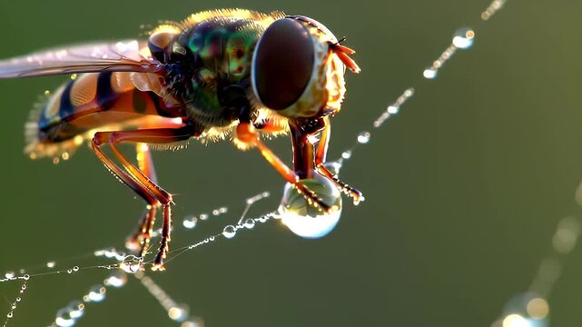 Macro photograph of a hoverfly insect perched delicately on water droplets showcasing intricate details and vibrant colors against a dark blurred background