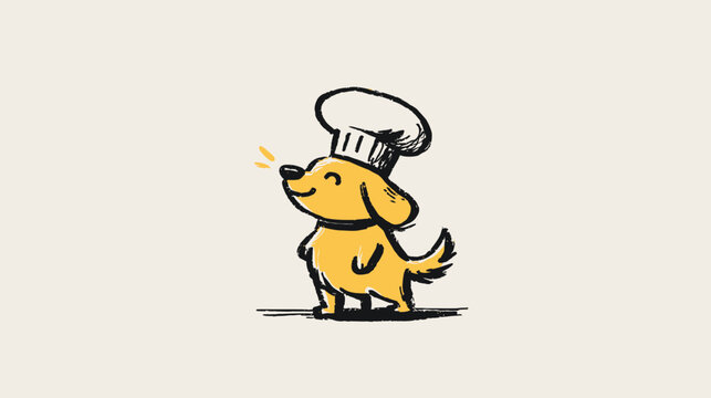A smiling yellow dog wearing a chef's hat. Black outlines. Background is a beige color