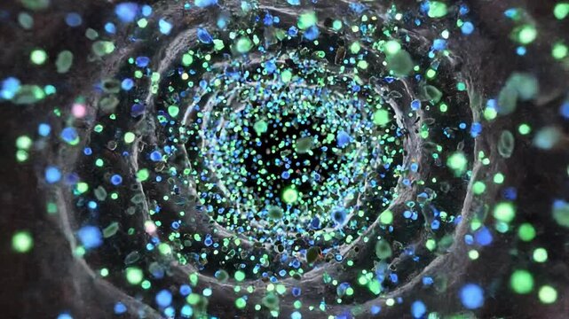 Detailed medical animation showing food particles breaking down and transforming into glowing bacteria inside the human gut. Engaging close-up visuals highlight digestion an
