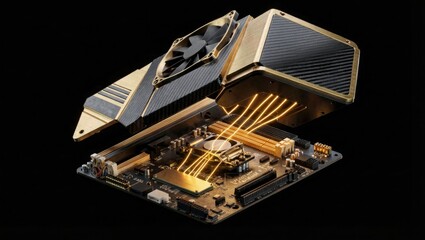 Exploded Computer Hardware with Brushed Gold and Carbon Fiber in Chiaroscuro