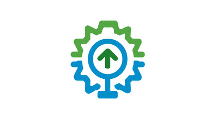 Obraz premium A gear-shaped emblem is composed of green, blue and white colors and has an arrow rising within a circle