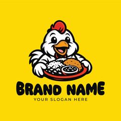 Cute Chicken Mascot Holding a Plate of Fried Rice and Chicken