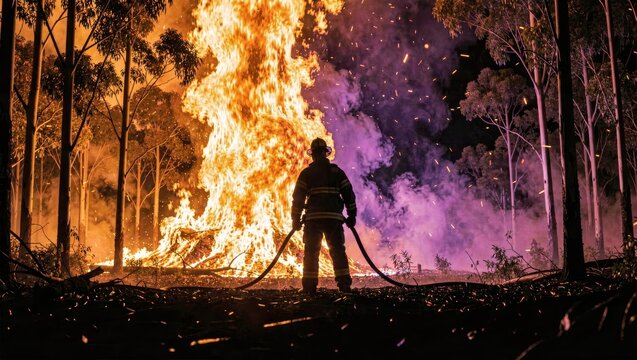Firefighter Silhouette Bracing Against Towering Vertical Violet Inferno