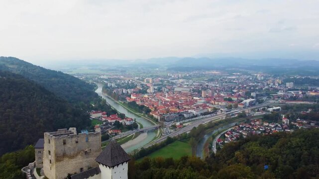 Slovenia 4K. Celje Castle. Celjski grad. Fortress. Beautiful. Hills. River