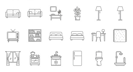 Collection of hand drawn furniture and home decor icons.