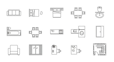 Architectural Floor Plan Icons Set Top View.