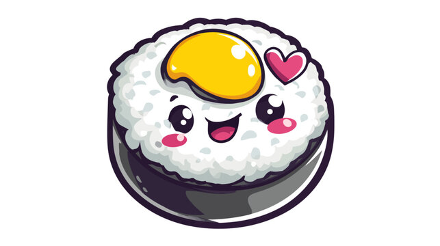 Adorable sushi roll character with an egg topping and a heart, smiling cheerfully