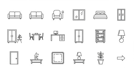 Collection of hand drawn furniture and home decor icons.