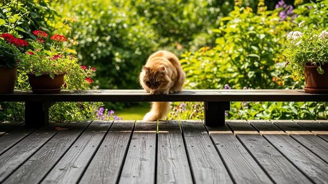 Curious dog peering over wooden deck railing into sunny garden landscape.