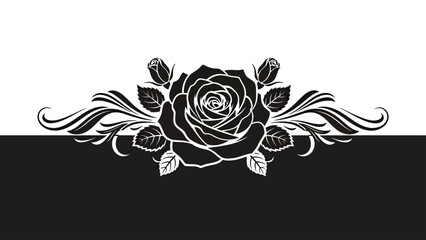 An elegant black and white floral design featuring a central rose with buds, leaves, and flourishes