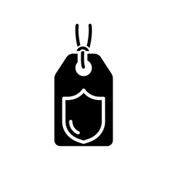 Obraz premium A black tag with a shield symbol, hanging by a string, centered on a white background