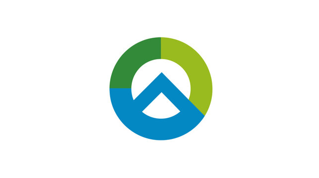 Circular graphic with a partial ring, a mountain shape, and three sections of color