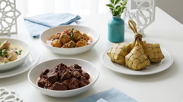Opor Ayam Rendang and Ketupat on Table with Minimalist Islamic Decor Festive Eid Meal Scene
