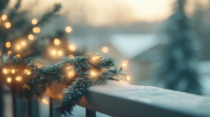Cozy Christmas Garland With Twinkling Lights Adorns Snowy Balcony Decked For Holiday Sparkle