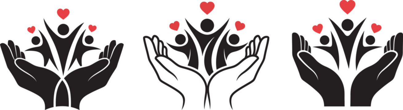 Caring hands uplifting a diverse community with hearts, symbolizing support, love, and collective well-being