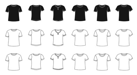 T-shirt mockups show various necklines in solid colors.
