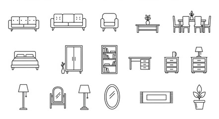 Collection of Hand Drawn Furniture Icons for Interior Design.